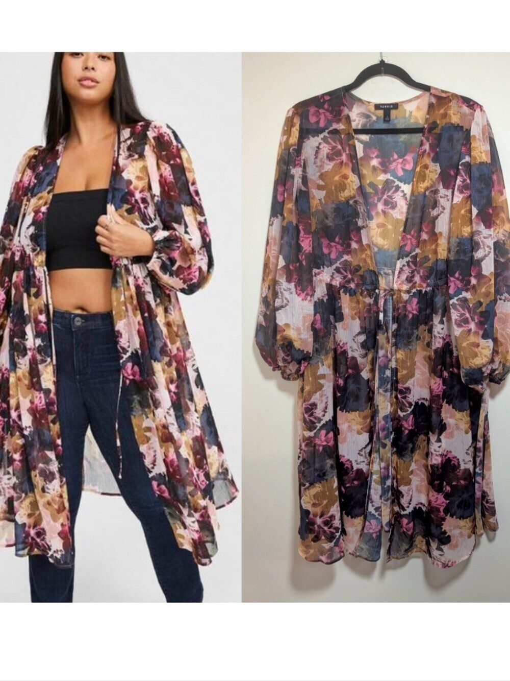 Torrid | Floral Metallic Sheer Chiffon Kimono Duster in Multicolor